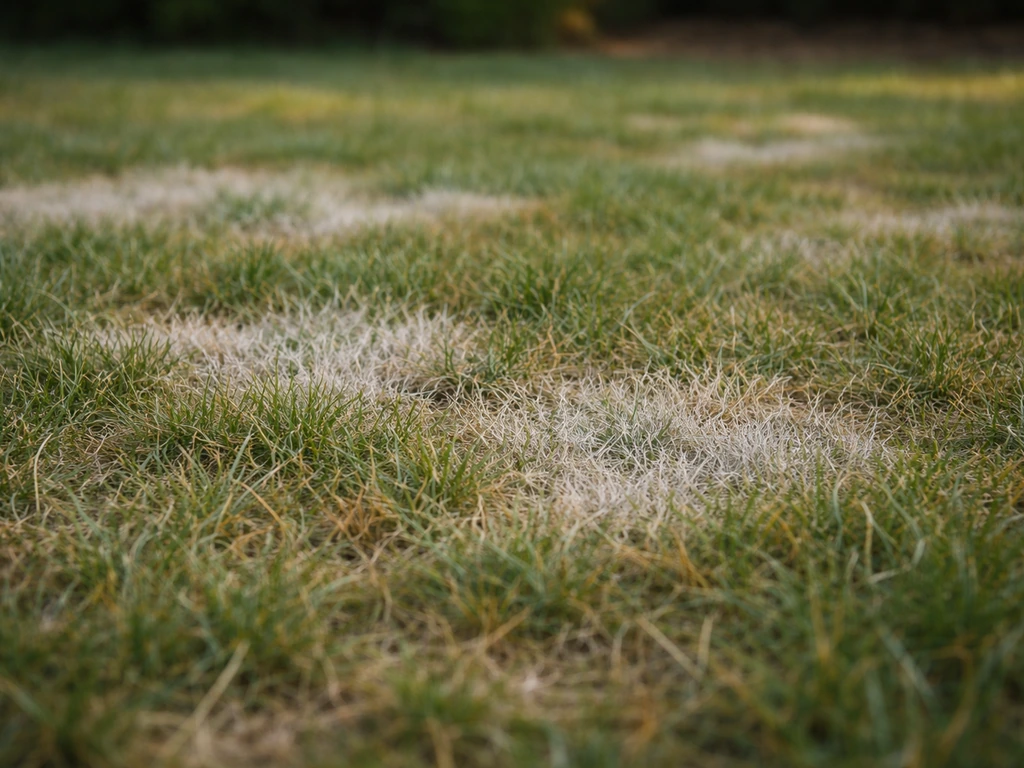 Pelouse avec taches gris/blanc nettes, vue rapprochée pour évoquer un gazon qui blanchit