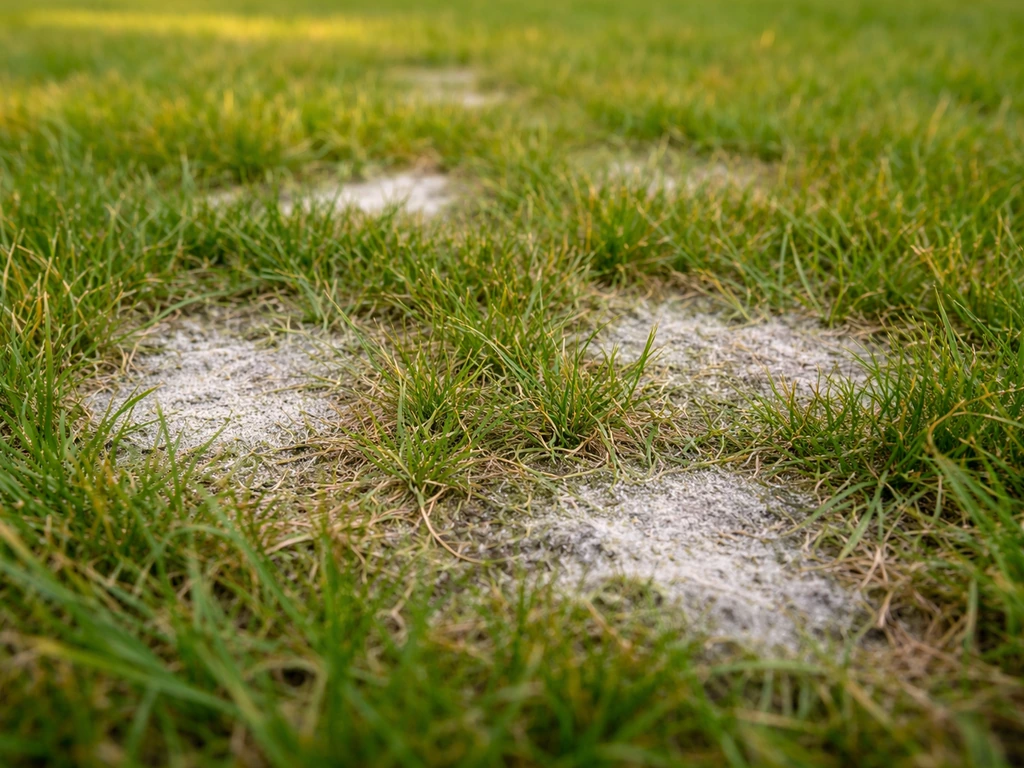Pelouse au sol avec zones gris/blancs, texture poudreuse et plaques localisées visibles de près.
