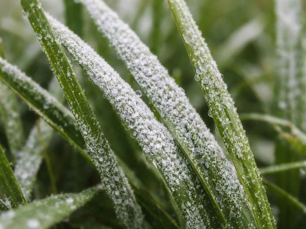 Gros plan d’un voile blanc poudreux sur des lames d’herbe, texture farineuse évoquant l’oïdium