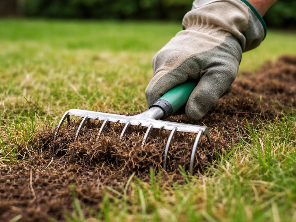 Main gantée scarifiant un gazon, feutre organique soulevé entre les brins d’herbe.