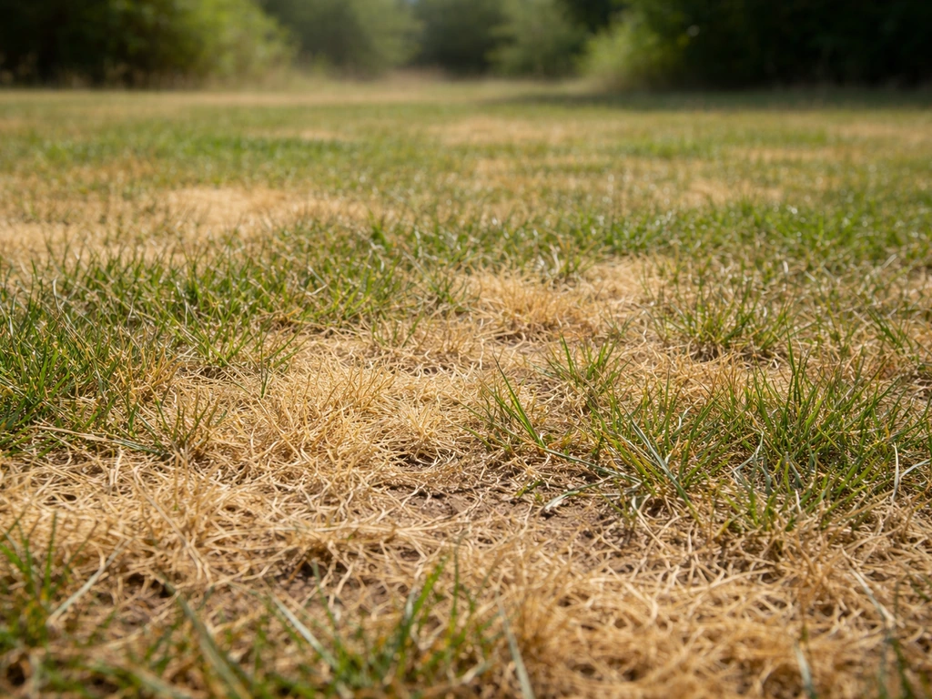 Gazon jaune paille en canicule, brins partiellement dormants, vue rapprochée au ras du sol, sans personnes.