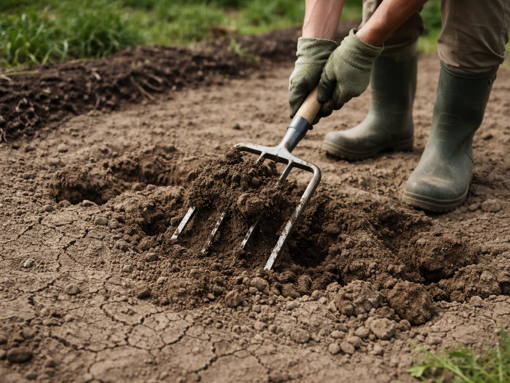 Personne qui utilise une fourche-bêche sur un sol argileux compacté, créant des trous d’aération avant paillage.
