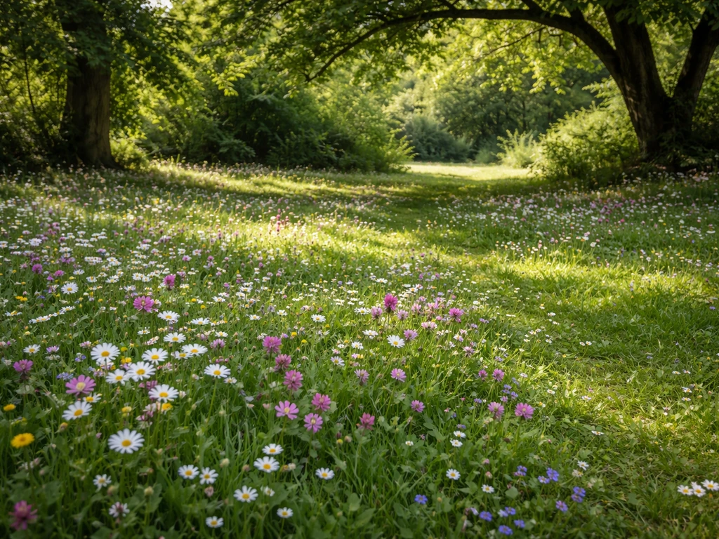 Pelouse fleurie dense sous des arbres, petites fleurs colorées visibles dans l’ombre