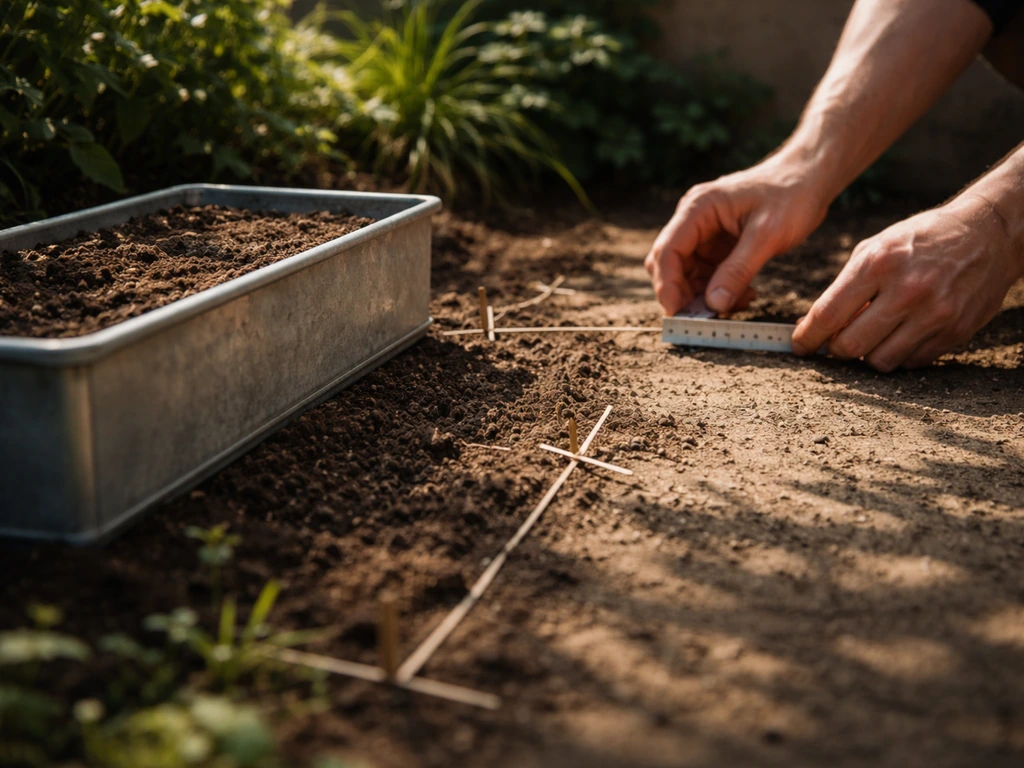 Mains anonymes mesurant l’ombre et la semi-ombre au sol près d’une jardinière, jardin calme en lumière naturelle.