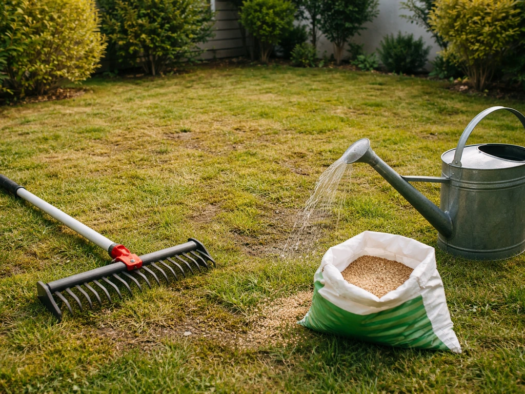 Pelouse clairsemée et mousse, outils de scarification et semences pour regarnissage, arrosage léger