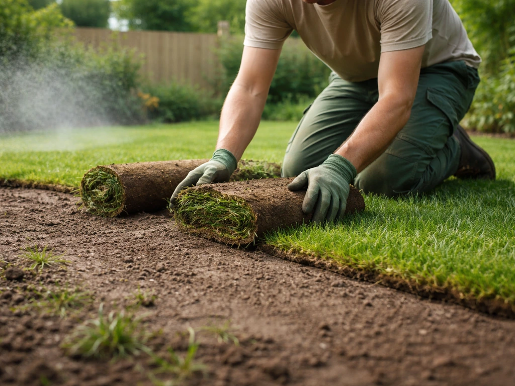 Jardinier anonyme posant du gazon en rouleaux sur une pelouse, sol et humidité visibles