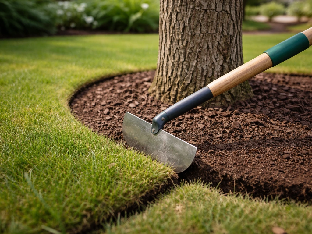 Jardinier coupe proprement une bordure arrondie autour d’un arbre, avec un outil tranchant, vue rapprochée.