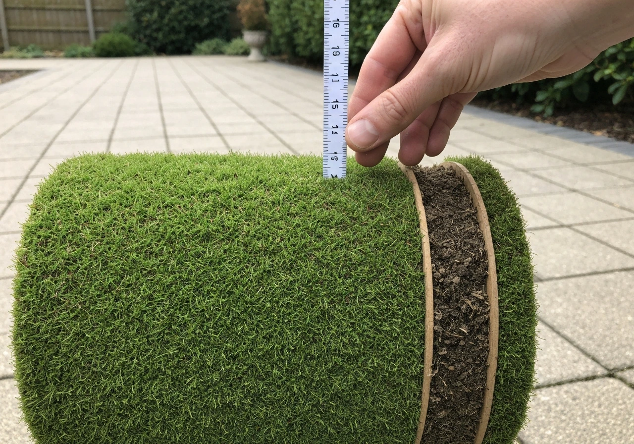 Main tenant une règle près d’un gazon en rouleau, herbe à environ 8–10 cm dans un sol bien préparé