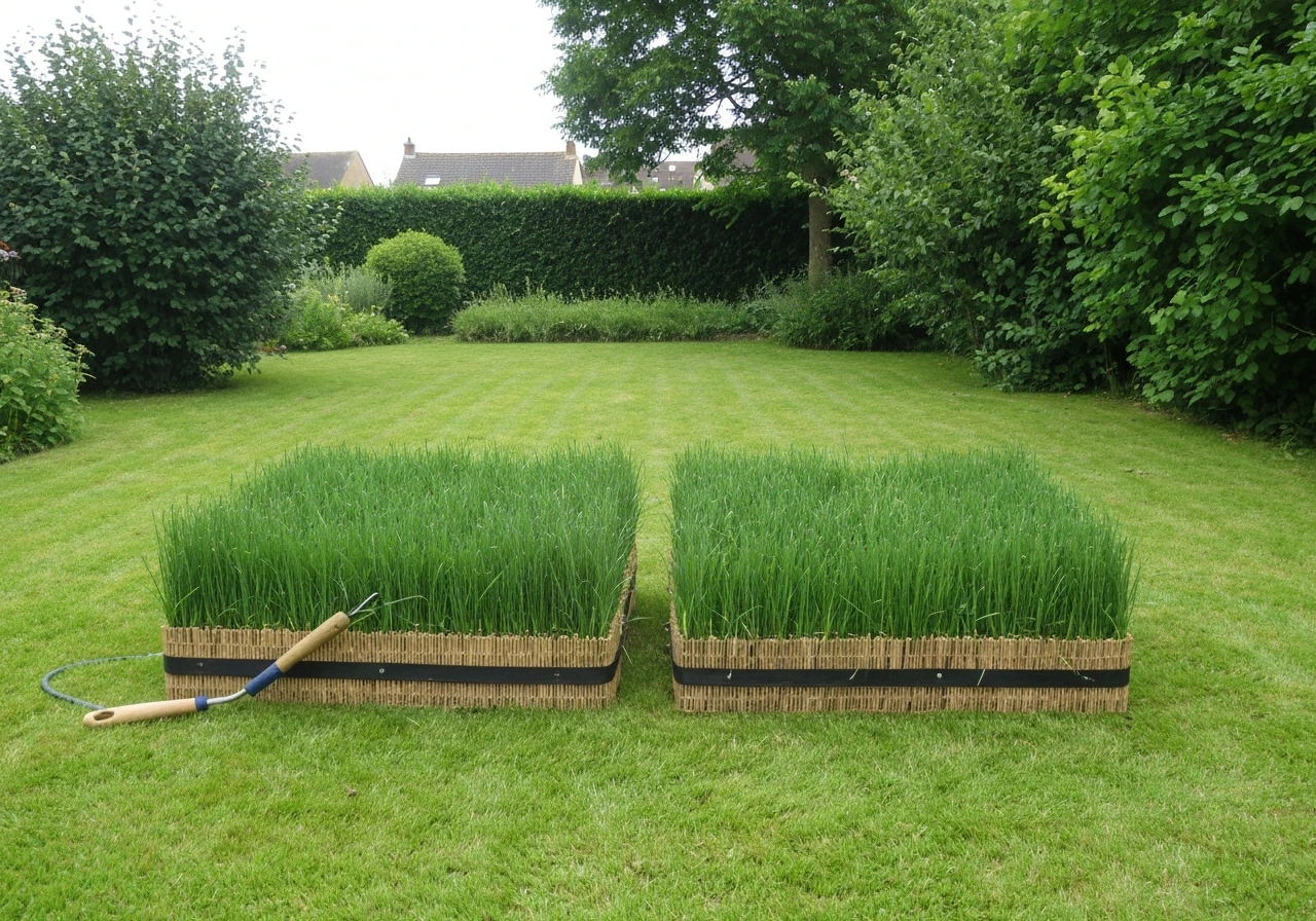Gazon qui repousse entre deux tontes, tondeuse à proximité, jardin minimal au printemps.