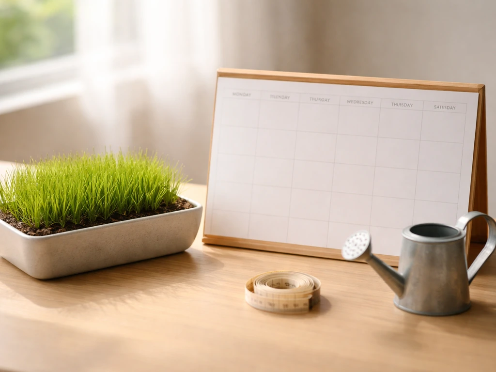Gazon jeune en pot avec arrosoir et calendrier vierge sur table, ambiance pratique pour plan de tonte semaine par semain