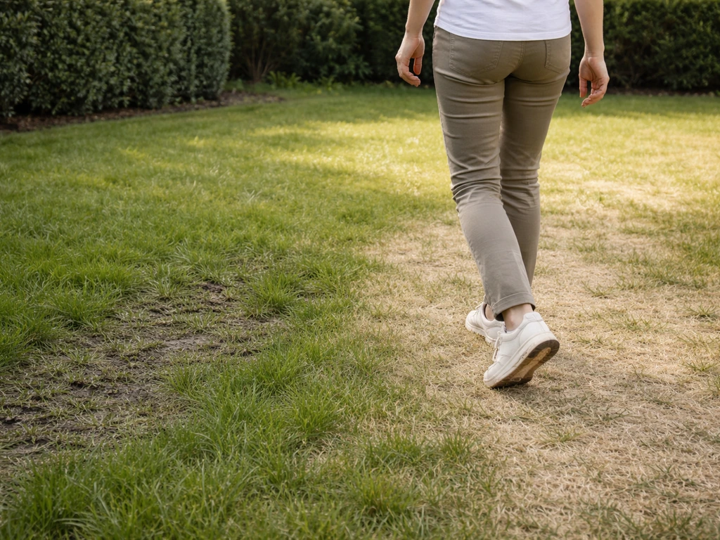 Jardin en sol sec, une personne marche très prudemment près d’une zone humide évitée