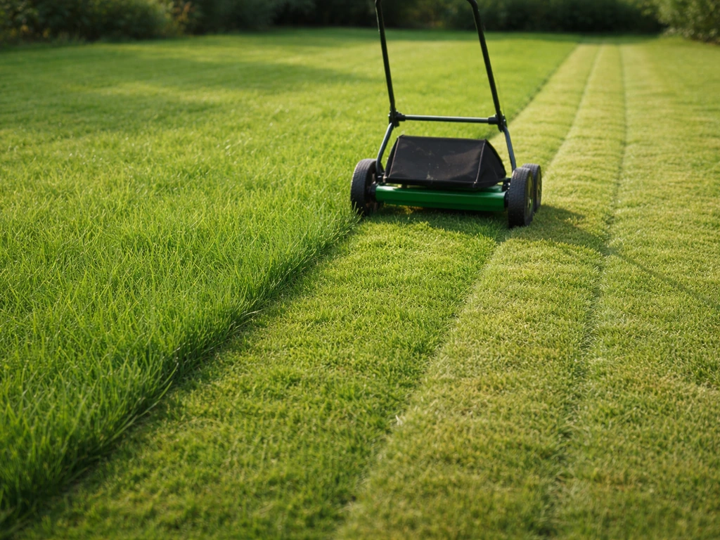 Tonte d’un jeune gazon avec une tondeuse en trajectoires rectilignes, sans piétiner l’herbe