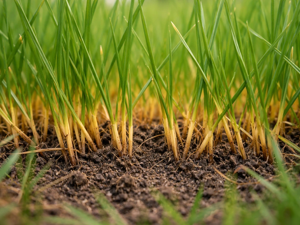 Gros plan d’une pelouse : les brins d’herbe jaunissent à la base au contact du sol, tandis que le reste reste vert.
