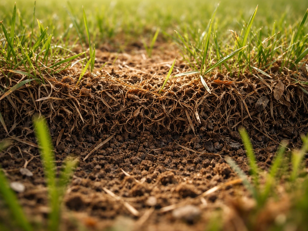 Gros plan sur une pelouse avec une couche de chaume épaisse et spongieuse entre l’herbe et le sol.