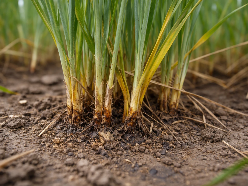 Base d’un plant de blé au sol avec taches circulaires et brins jaunis, évoquant une maladie fongique.