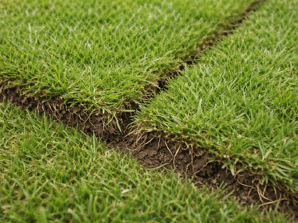 Gazon en plaques fraîchement posé : jonctions et bordures, racines commençant à s’ancrer après environ 3 semaines.