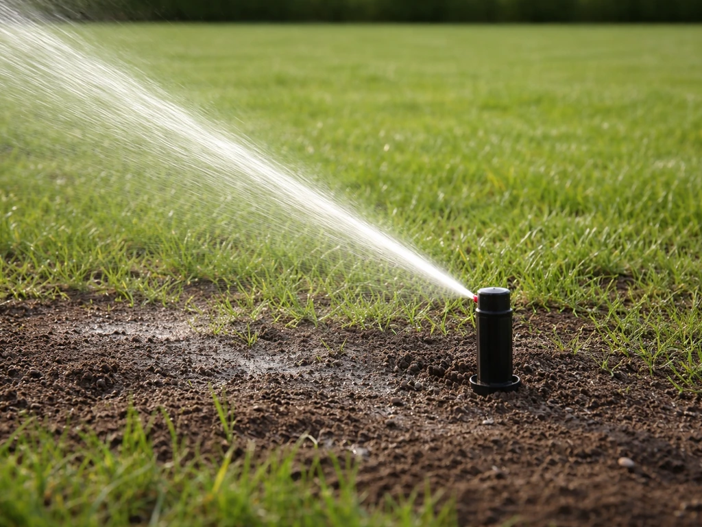 Arroseur de jardin à J+21 projetant un jet uniforme sur le sol, humidifié sans ruissellement.