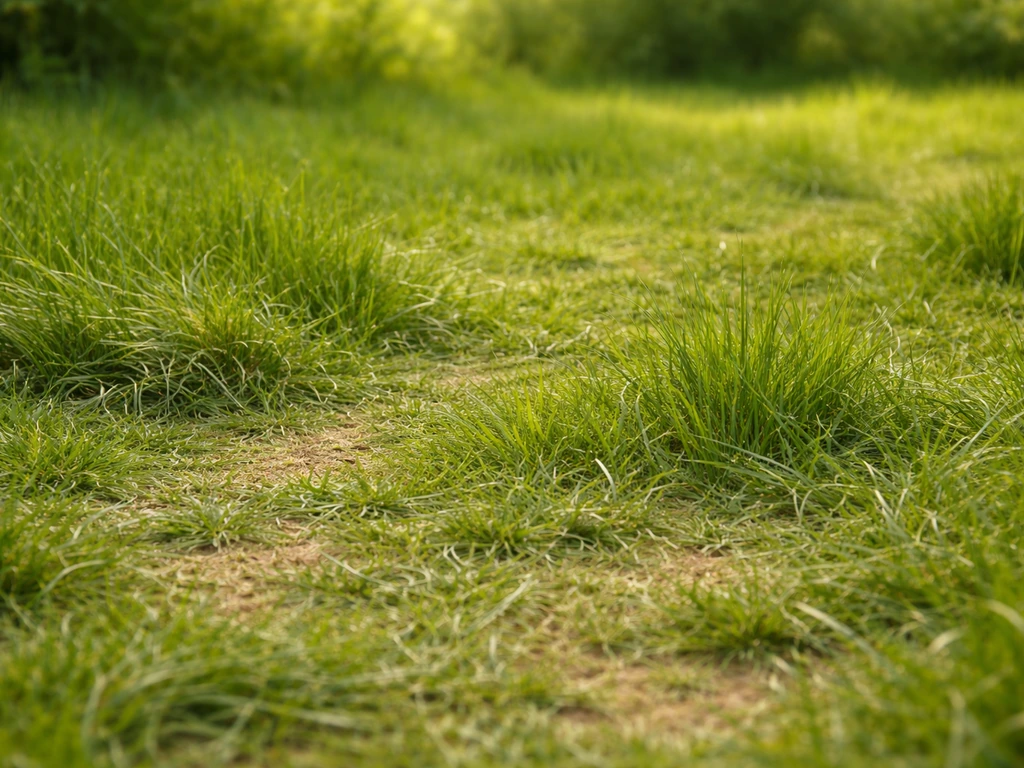 Pelouse peu tondue avec traces de fauche et hauteur d’herbe irrégulière, aspect “presque sans tonte”.