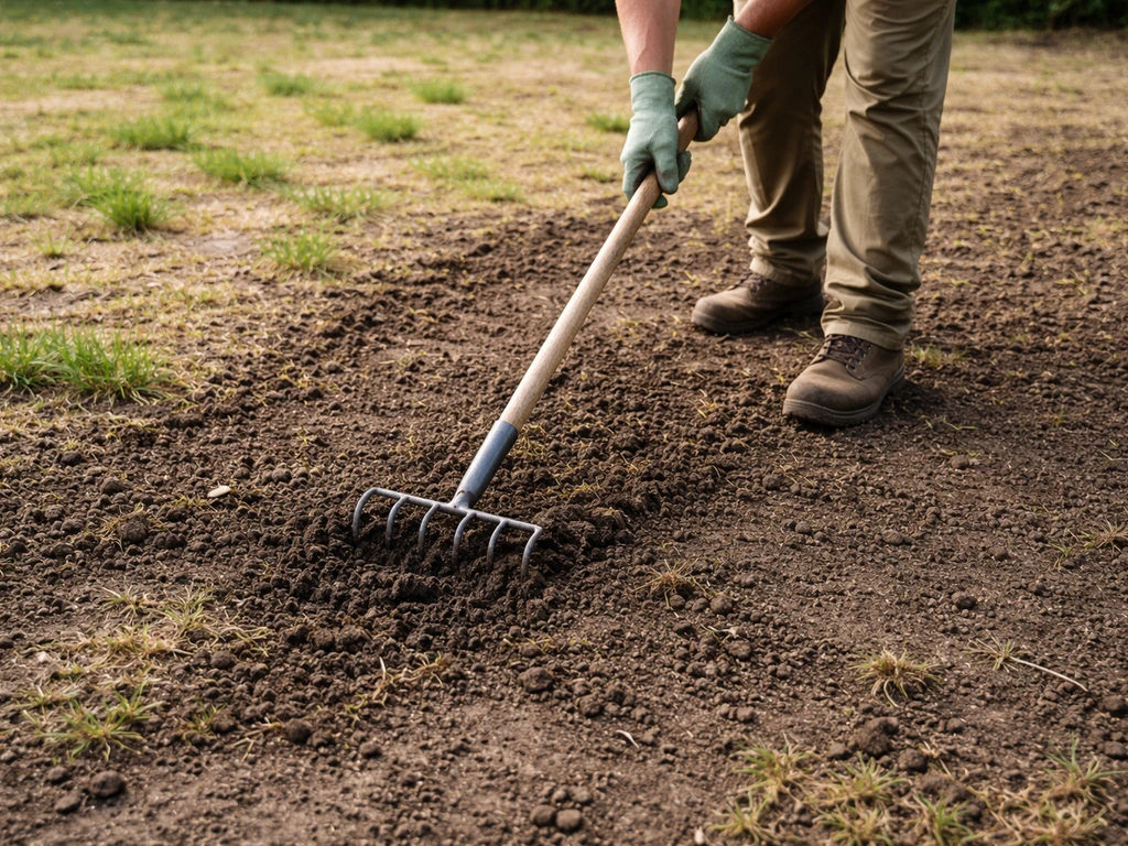 Griffe de jardin tirant la surface d’une zone nue, terre émiettée prête pour un semis de pelouse.