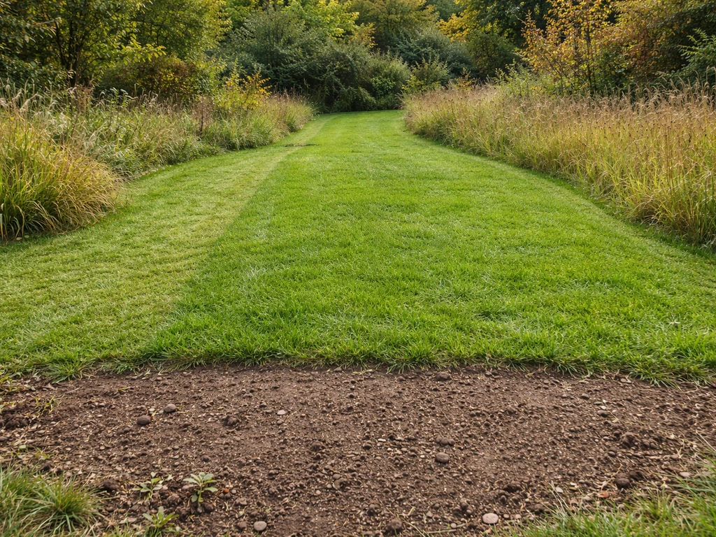 Jardin avec différentes hauteurs de pelouse, montrant une tonte différenciée en zones de passage, détente et décor.