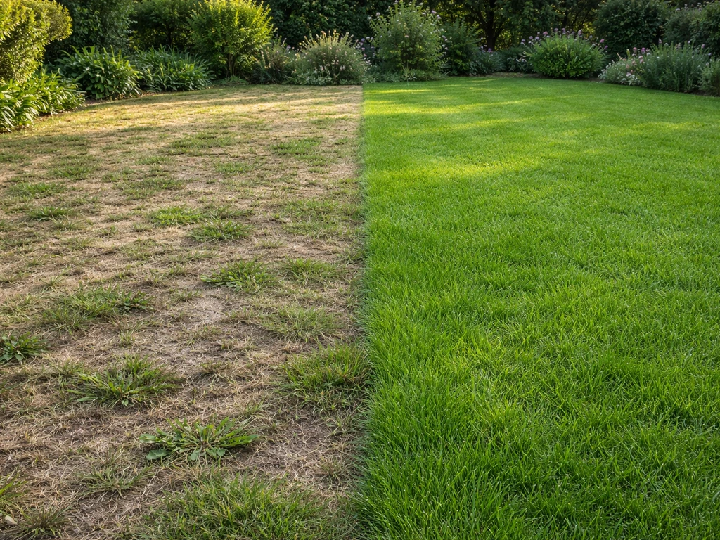 Comparaison pelouse avant/après : zones clairsemées et feutre d’un côté, pelouse dense et rattrapée de l’autre.