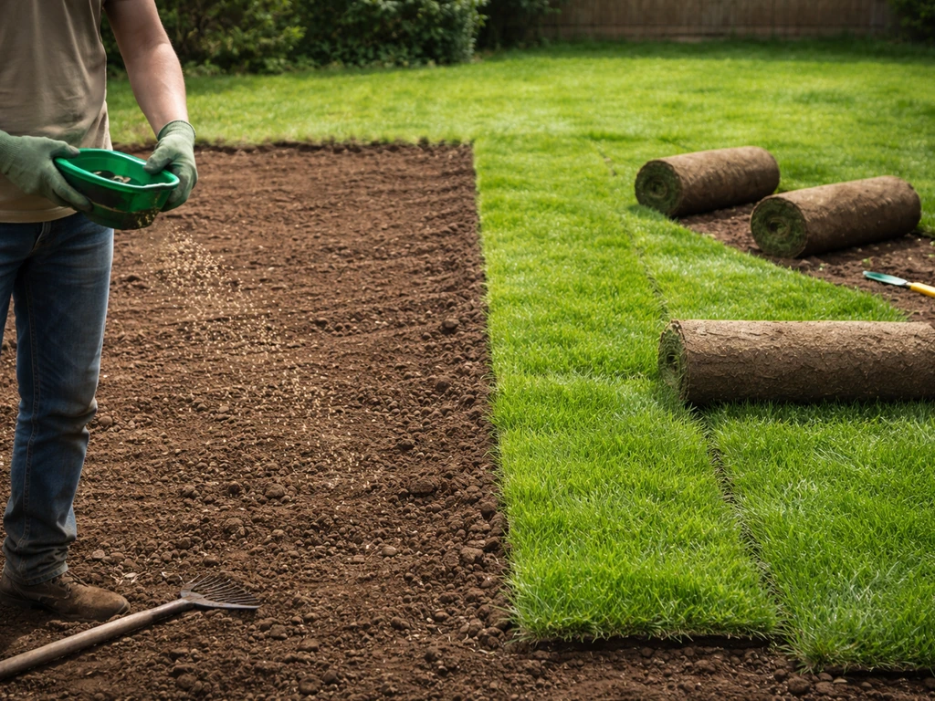 Un jardin en deux : semis de graines d’un côté et rouleaux de gazon en cours de pose de l’autre.
