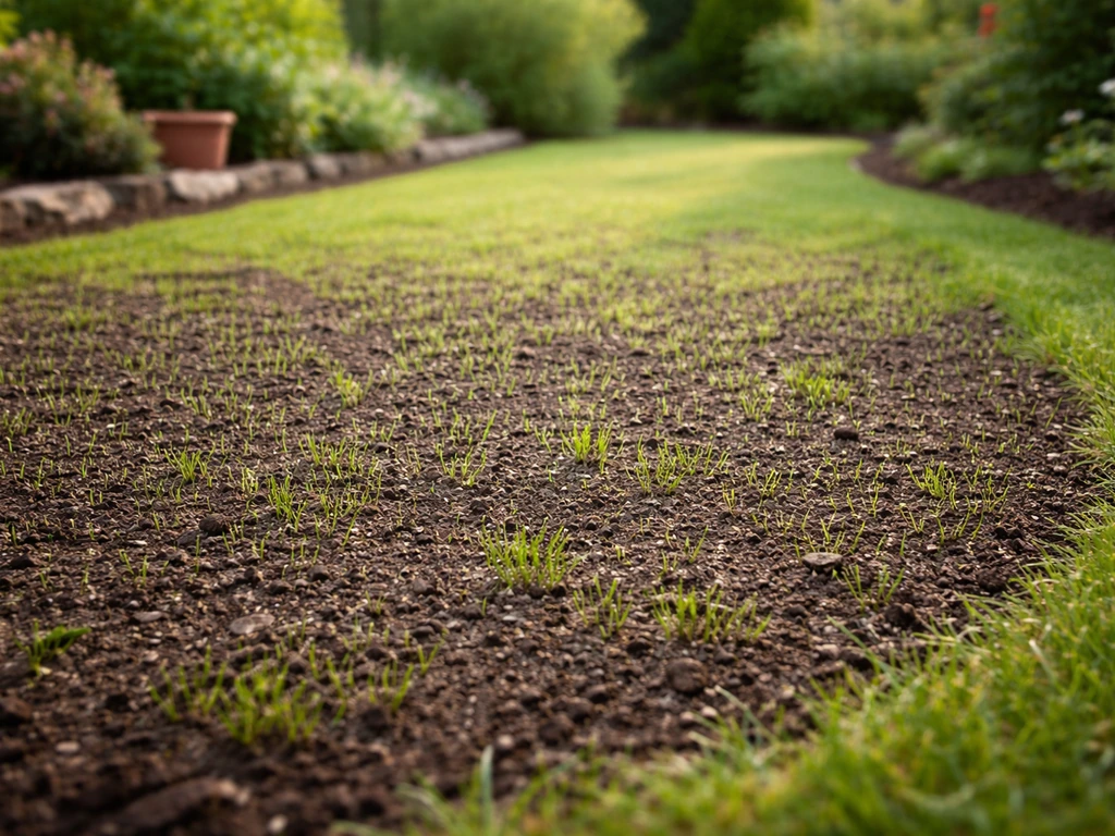 Jeunes pousses visibles dans une pelouse fraîchement semée, sol prêt à être ensemencé, jardin calme.