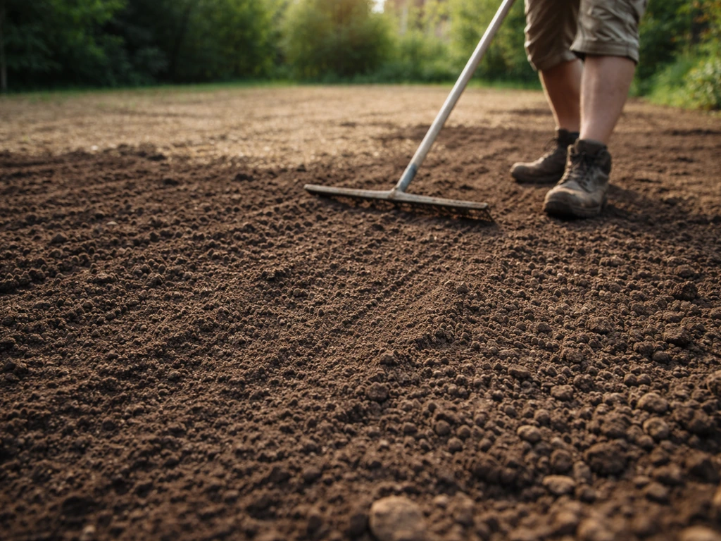 Main sur sol de semence bien préparé et humide, jardin clair, prêt à semer pour des pousses rapides.