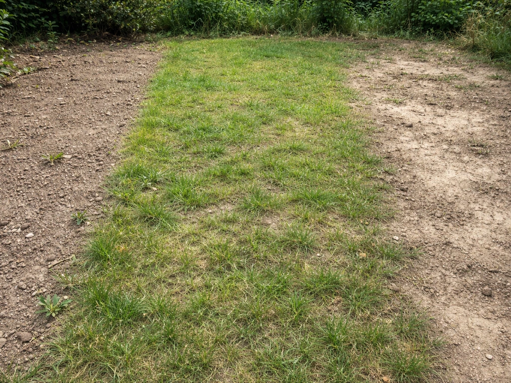Jardin avec trois zones simples côte à côte : sol nu, gazon clairsemé, terre abîmée, avant restauration