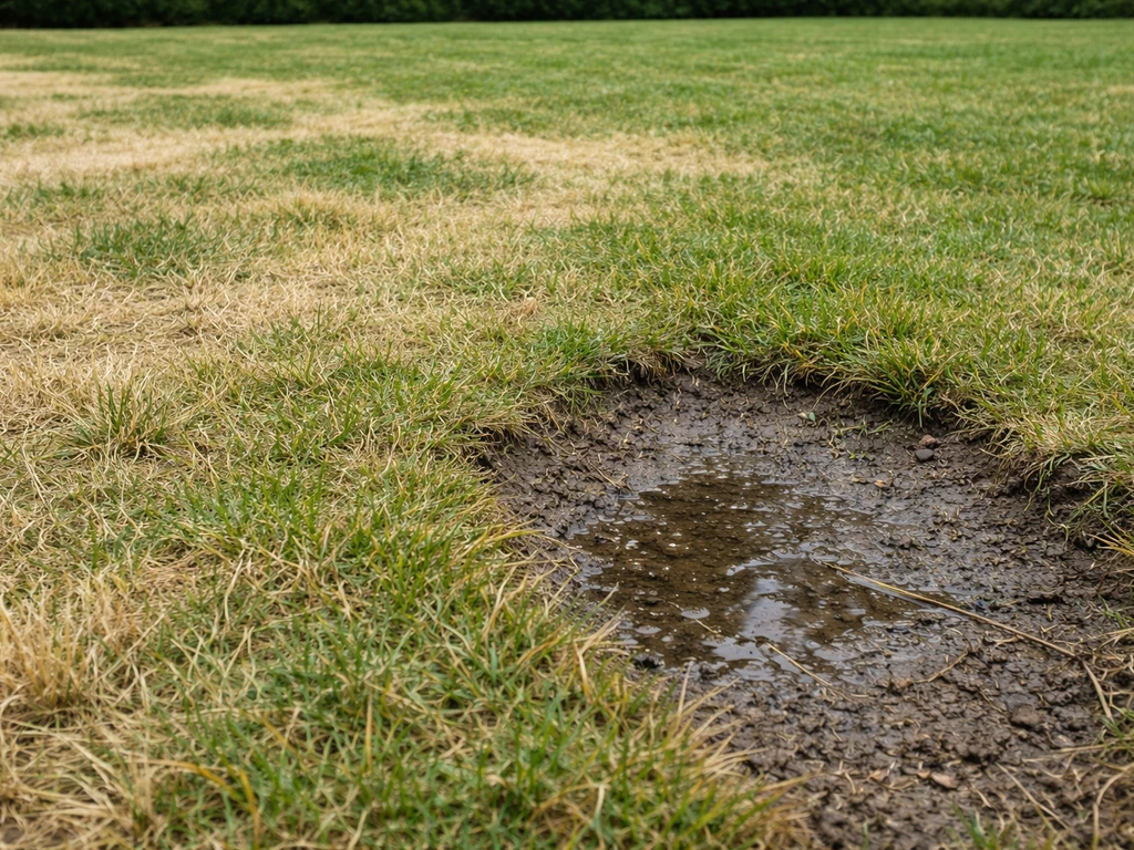 Pelouse avec taches jaunes irrégulières et sol détrempé près du gazon après arrosage excessif.