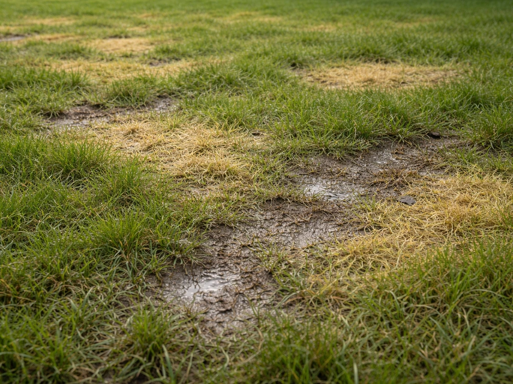 Pelouse avec zones jaunes irrégulières et sol légèrement humide, eau ayant tendance à stagner par endroits.
