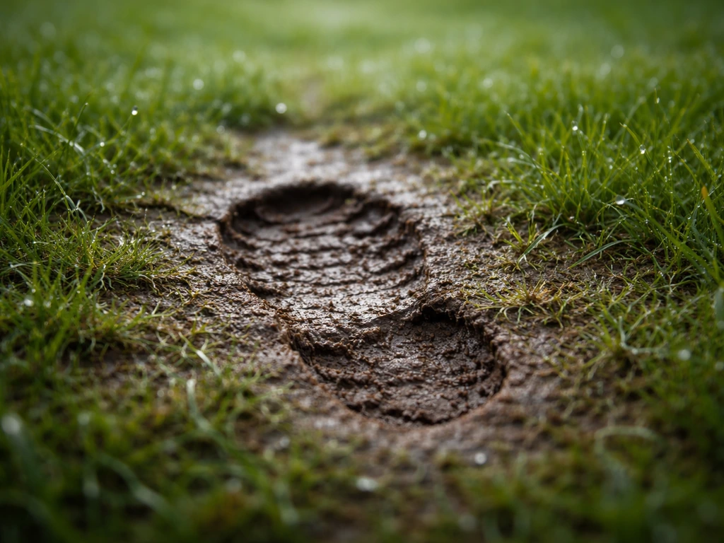 Pelouse humide et spongieuse avec une empreinte de pas visible après l’arrosage ou la pluie.