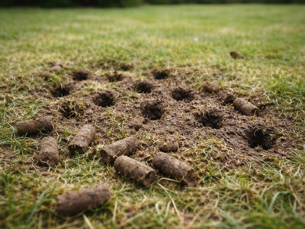 Jardin avec terre et feutre en surface, après scarification : carottes extraites et sol aéré, vue au ras du sol.
