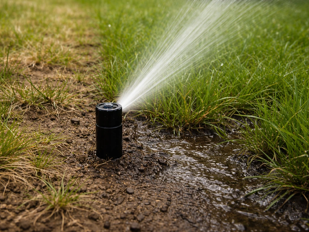 Gros plan d’une tuyère d’arrosage au sol, arrosage inégal : zones sèches et zones saturées qui ruissellent.