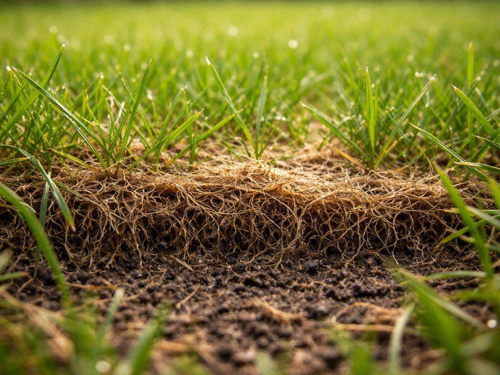 Gros plan sur une couche brunâtre spongieuse de feutrage entre des brins d’herbe, illustrant un problème de gazon.