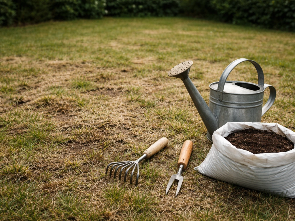 Jardin avec pelouse abîmée et outils de jardinage, rappel d’un plan de remise en état sur plusieurs semaines.