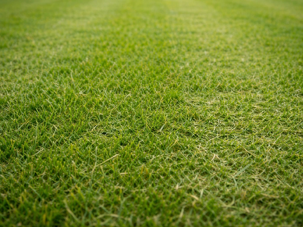 Pelouse juste après la tonte, brins coupés et zones jaunies pâle/jaune sur l’herbe fraîchement tondue.