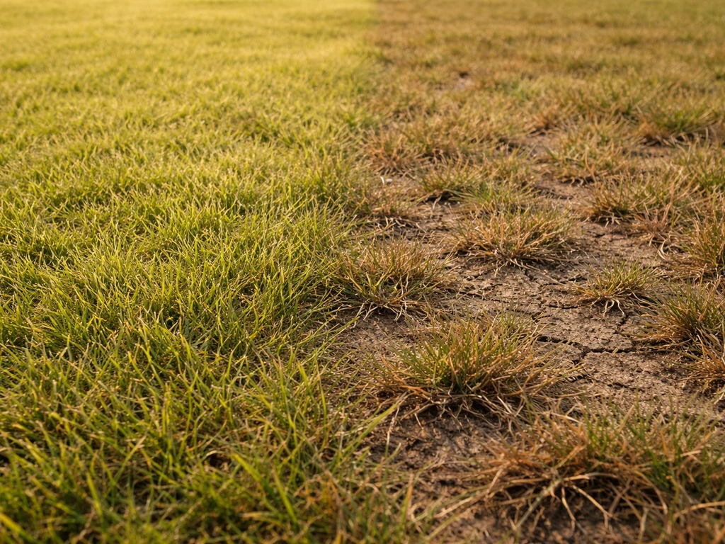 Pelouse vue de près, zones jaunies et zones vertes montrant un éventuel stress hydrique avant tonte.