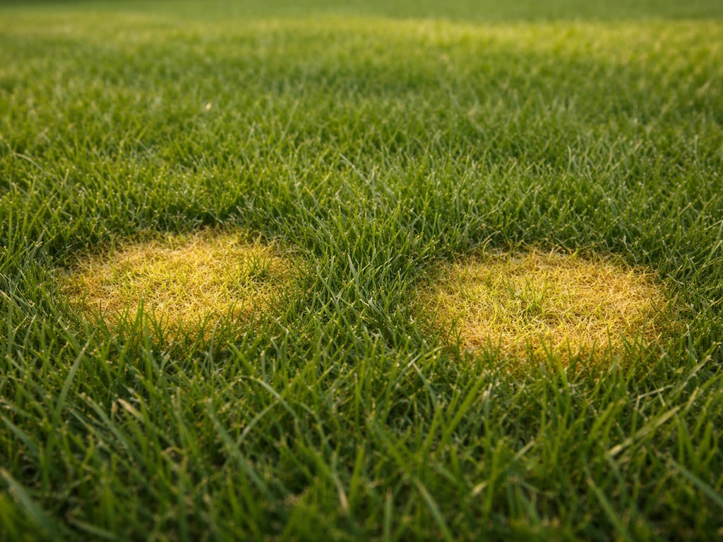 Gros plan sur des taches rondes jaunes d’urine sur l’herbe, avec bord vert foncé bien visible.
