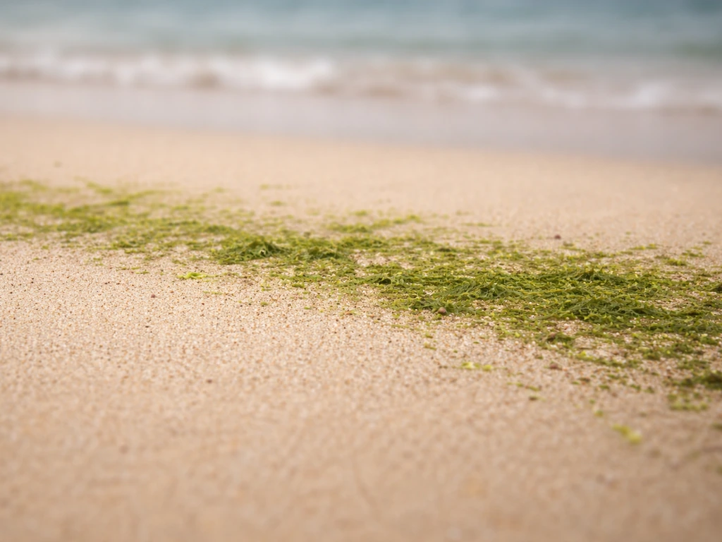 Plage sable entre zones jaune pâle et zones verdâtres, avec contours nets et flous visibles de près.