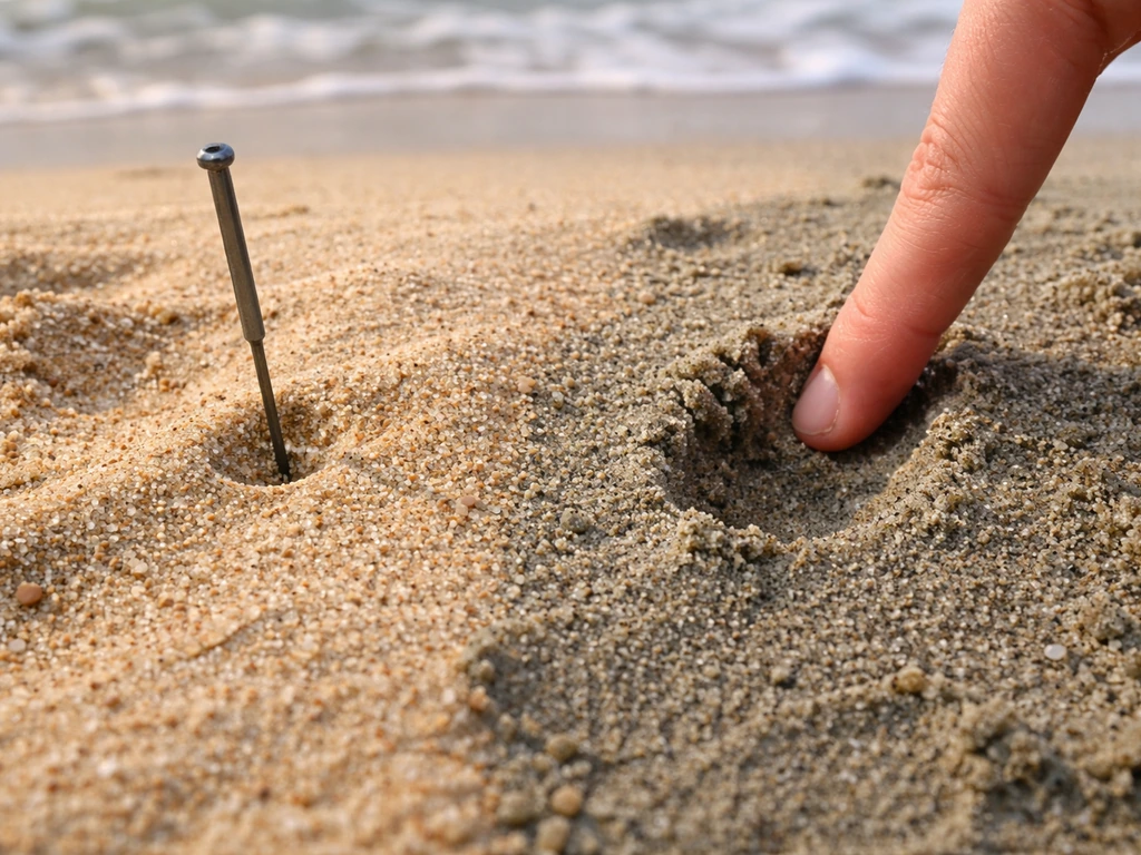 Doigt et petit outil testant l’humidité du sol sur une plage, entre une zone jaune sèche et une zone verte plus meuble.