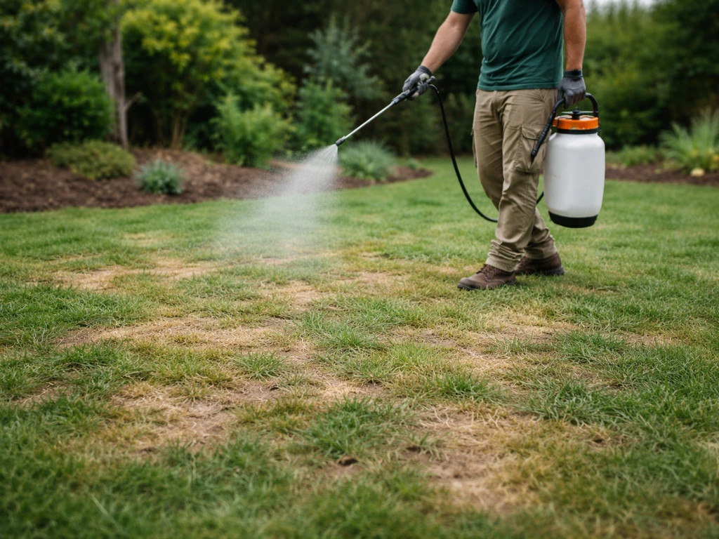 Pelouse partiellement atteinte traitée par un jardinier pulvérisant un produit au jardin.