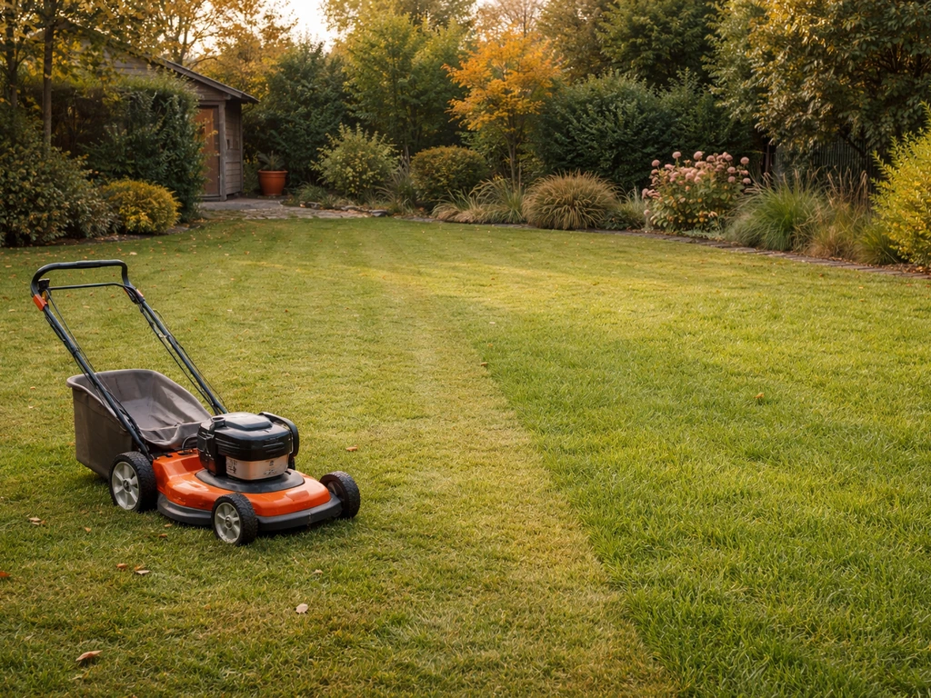Pelouse d’automne prête pour la dernière tonte, tondeuse au sol, herbe à croissance ralentie.