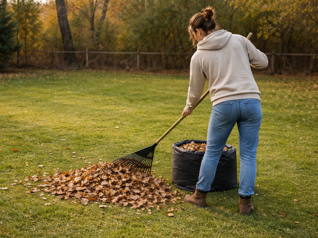 Personne ramassant des feuilles mortes sur une pelouse fraîchement tondue, avant l’hiver.