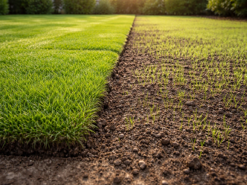 Jardin comparatif : rouleaux de pelouse verts à gauche, jeunes semis levés progressivement à droite.