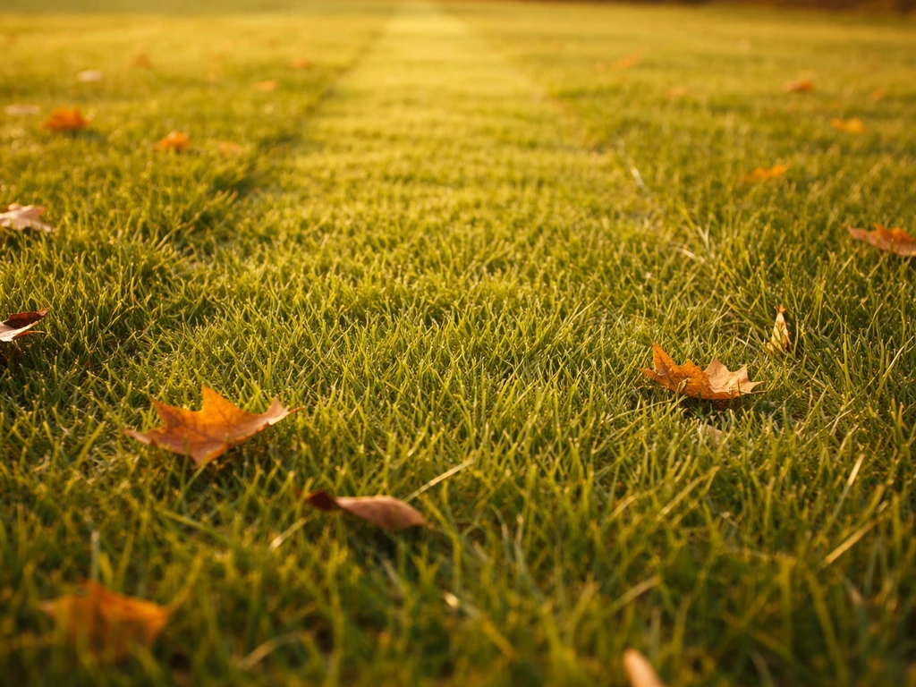 Gazon d’automne avec herbe fraîchement tondue, brins nets et lumière dorée, hauteur de coupe visible.