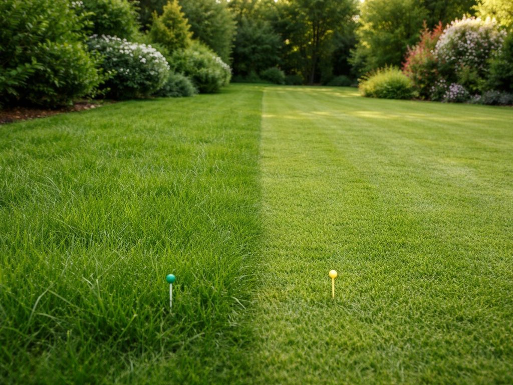 Deux zones de pelouse avec deux hauteurs de coupe différentes, illustrant « long » vs « court ».