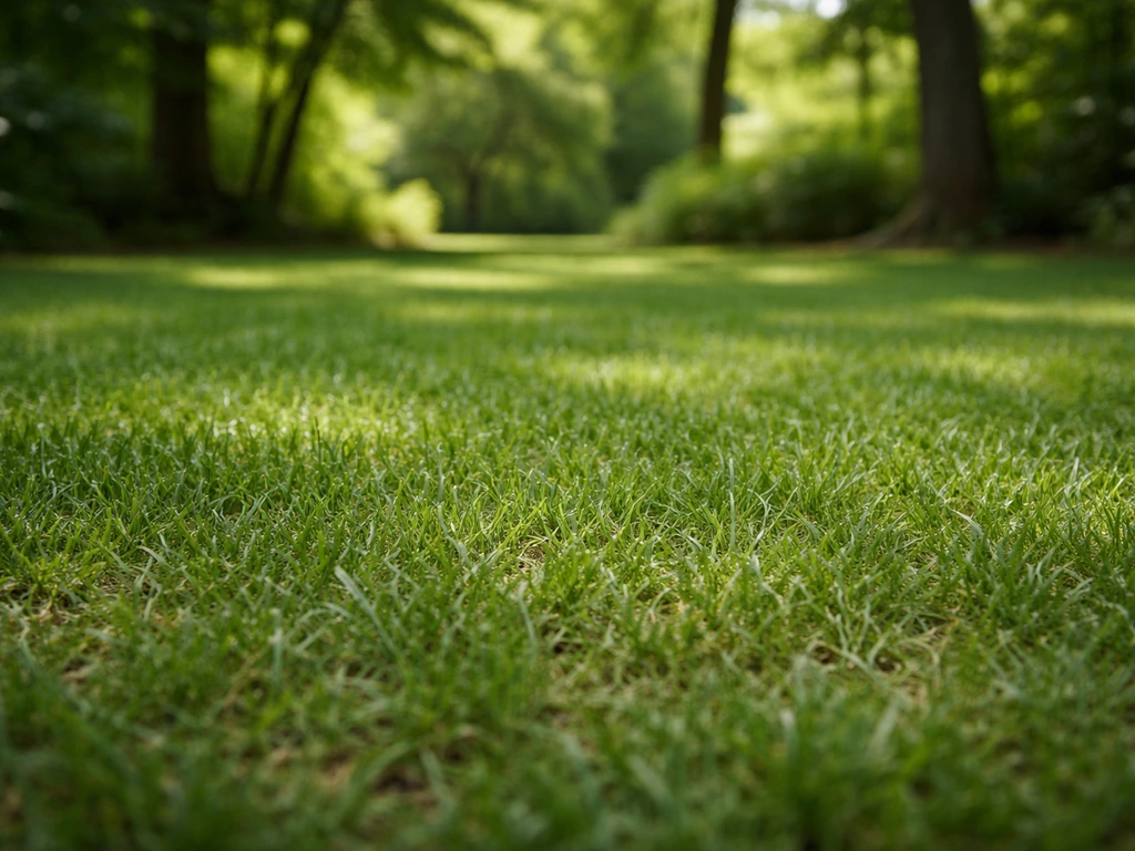 Gazon plus court sous des arbres, dans une zone ombragée, montrant une densité réduite au ras du sol.