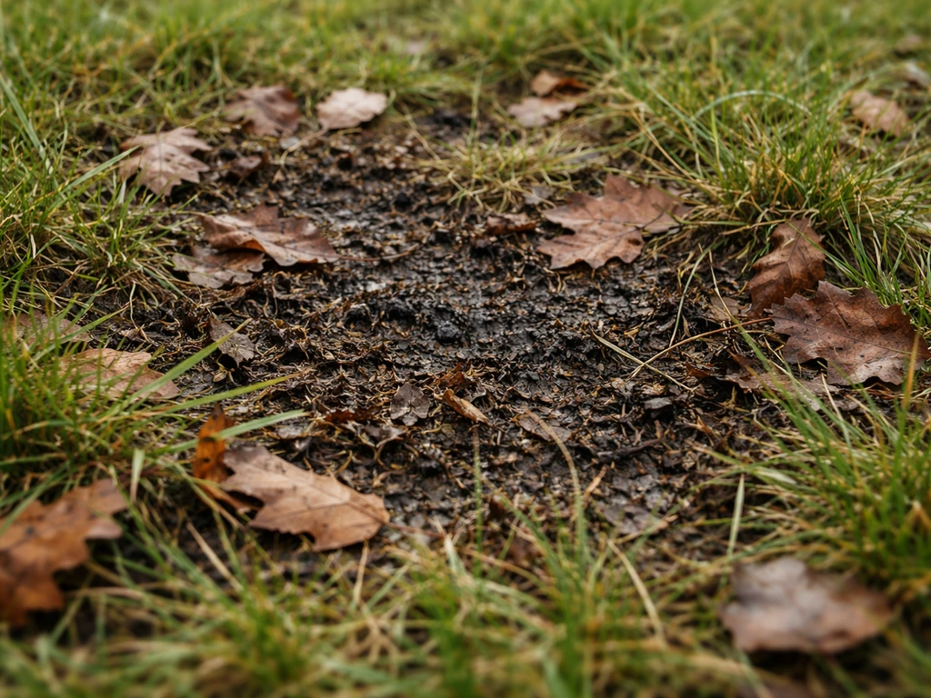 Gros plan d’un gazon à l’automne avec feuilles mortes et mousse/feutrage à retirer.