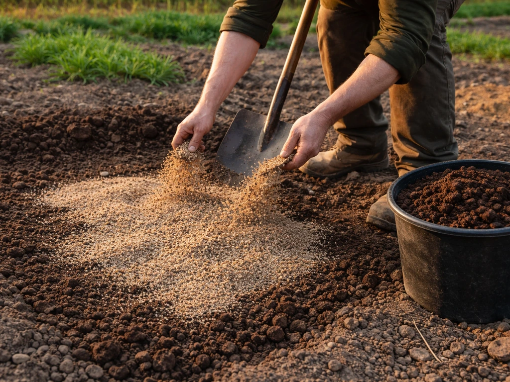 Épandage de sable grossier puis compost mûr sur une zone de sol argileux, avant incorporation.
